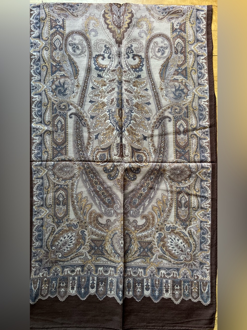 Retro Lancetti Milano Bohemian Paisley Scarf Wool-blend Shawl in Brown Blue Tan